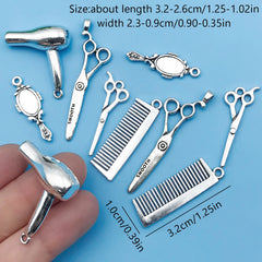 6/10Pcs Antique Silvery Barber Tool Charms Hairdrier Scissors Comb Makeup Mirror Shape Pendants For Jewelry Making Findings Craf