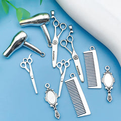 6/10Pcs Antique Silvery Barber Tool Charms Hairdrier Scissors Comb Makeup Mirror Shape Pendants For Jewelry Making Findings Craf