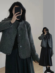 Fashionable Short Woolen Coat Women's Spring Autumn Loose Long Sleeve Tassel Simple Style Outerwear Warm Pure Color