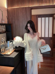 Fashionable Autumn Winter Fur Knitted Open Cardigan Women's Mid-Length Waist-Cinching White Sweater High-Fashion Copy