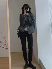 Fashionable Short Woolen Coat Women's Spring Autumn Loose Long Sleeve Tassel Simple Style Outerwear Warm Pure Color