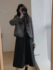 Fashionable Short Woolen Coat Women's Spring Autumn Loose Long Sleeve Tassel Simple Style Outerwear Warm Pure Color