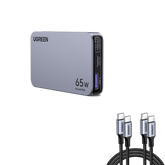 UGREEN Nexode Pro 65w ultra iphone charger in a sleek gray color, featuring multiple ports (USB-C1, USB-C2, USB-A) and two UGREEN USB-C cables with braided cords.
