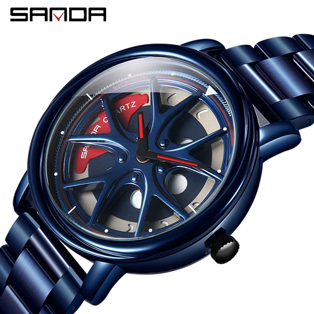 Men Watch Car Wheel Rim Hub Dial Male Wristwatch Skeleton Man Black Waterproof Watches Stainless Steel Quartz Relogio Masculino