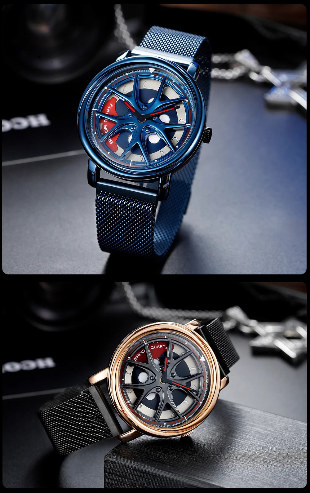 Men Watch Car Wheel Rim Hub Dial Male Wristwatch Skeleton Man Black Waterproof Watches Stainless Steel Quartz Relogio Masculino