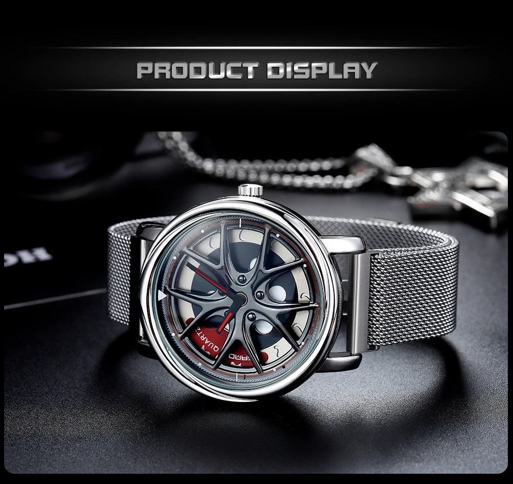 Men Watch Car Wheel Rim Hub Dial Male Wristwatch Skeleton Man Black Waterproof Watches Stainless Steel Quartz Relogio Masculino