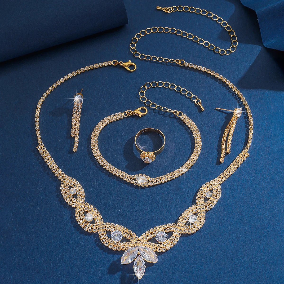 Jewelry wholesale fashion new necklace earrings bracelet ring set shiny bride jewelry two-piece set with accessories