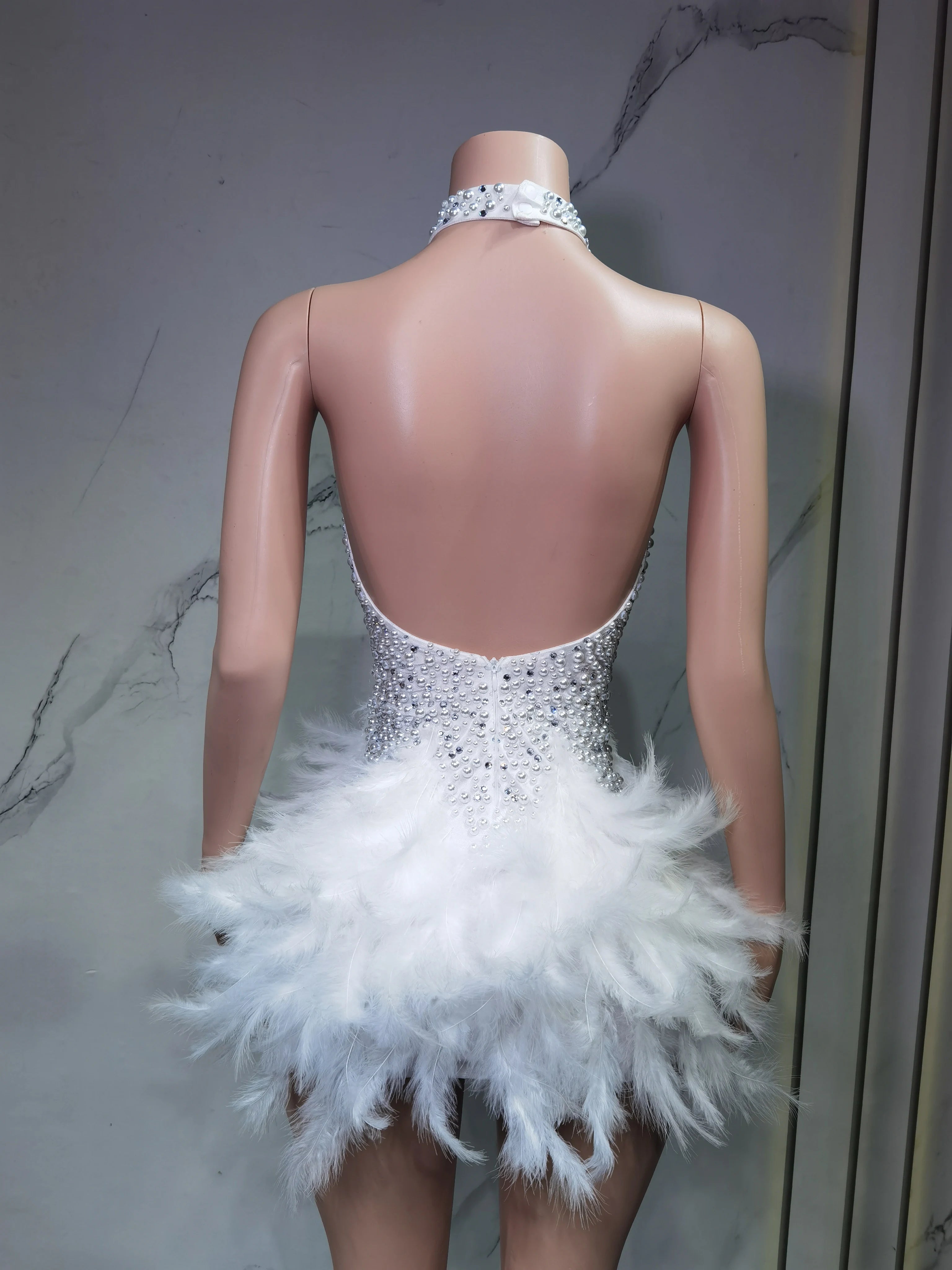 Fashion 2025new sexy Latin dance dress with airy hollow design, feather skirt hanging neck skirt
