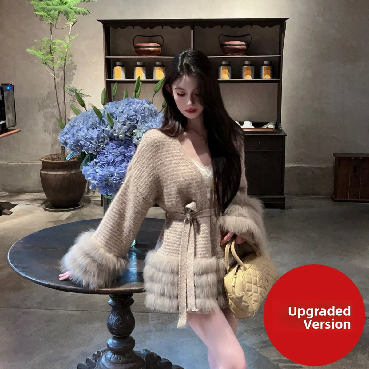 Fashionable Autumn Winter  Fur Knitted Open Cardigan Women's Mid-Length Waist-Cinching White Sweater High-Fashion Copy
