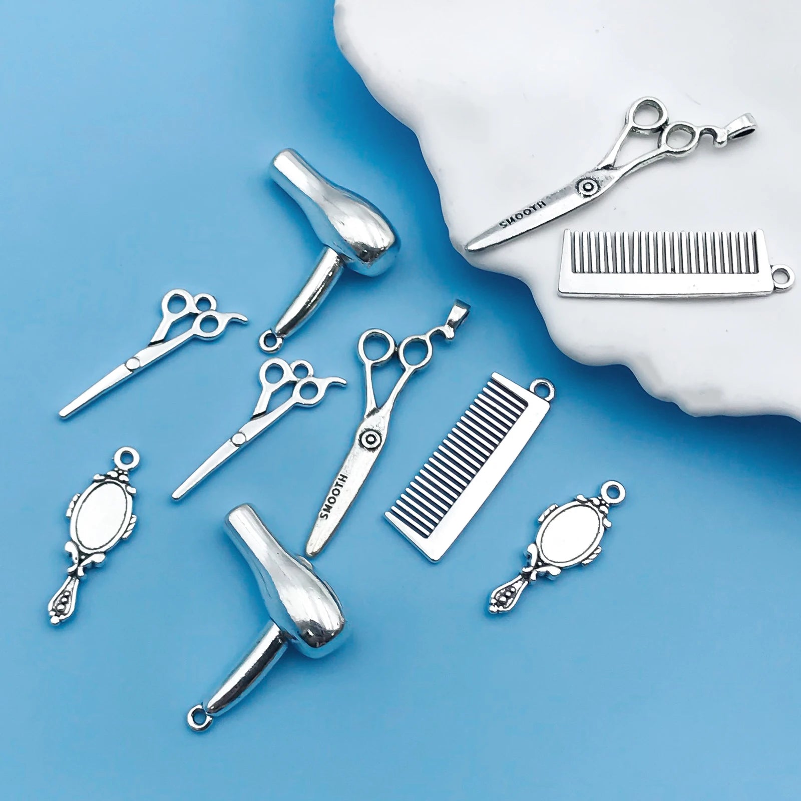6/10Pcs Antique Silvery Barber Tool Charms Hairdrier Scissors Comb Makeup Mirror Shape Pendants For Jewelry Making Findings Craf