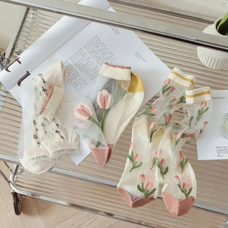 Fashion Sock for Women Summer   Breathable Trendy Casual Women's Socks Cute Fashion Korean Style Transparent Lace Sweet