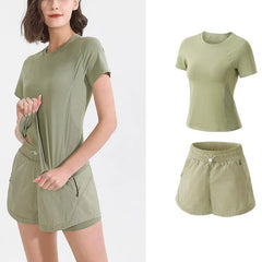 Women Gym Yoga Wear Sport High Waist Short Pocket Run Women Sportswear Fitness Outfi Push Up Quick Drying Summer Sport Clothing