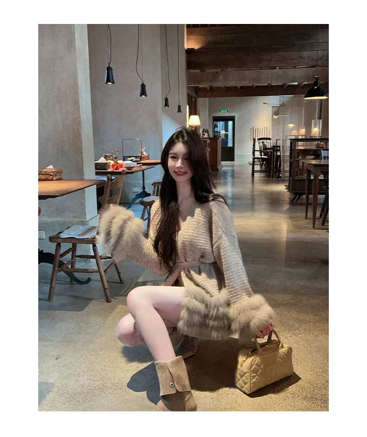 Fashionable Autumn Winter  Fur Knitted Open Cardigan Women's Mid-Length Waist-Cinching White Sweater High-Fashion Copy