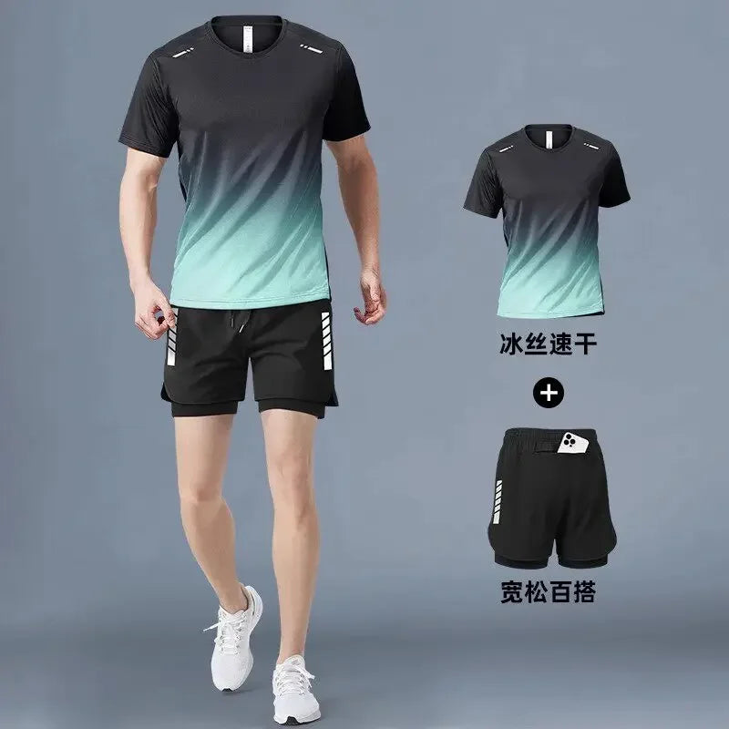 Fitness clothes - Men's running sports suit - Quick-drying ice silk - Summer new style short-sleeved shorts - Training suit