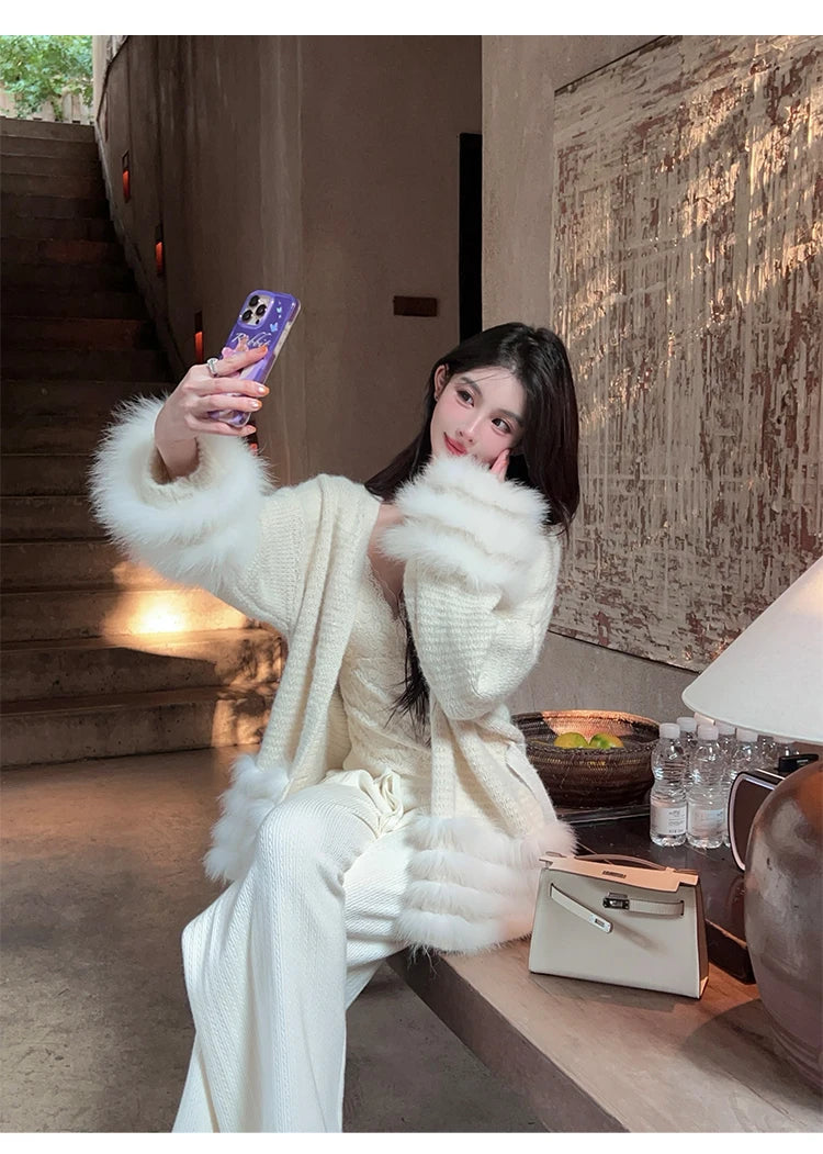 Fashionable Autumn Winter  Fur Knitted Open Cardigan Women's Mid-Length Waist-Cinching White Sweater High-Fashion Copy