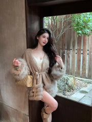 Fashionable Autumn Winter  Fur Knitted Open Cardigan Women's Mid-Length Waist-Cinching White Sweater High-Fashion Copy