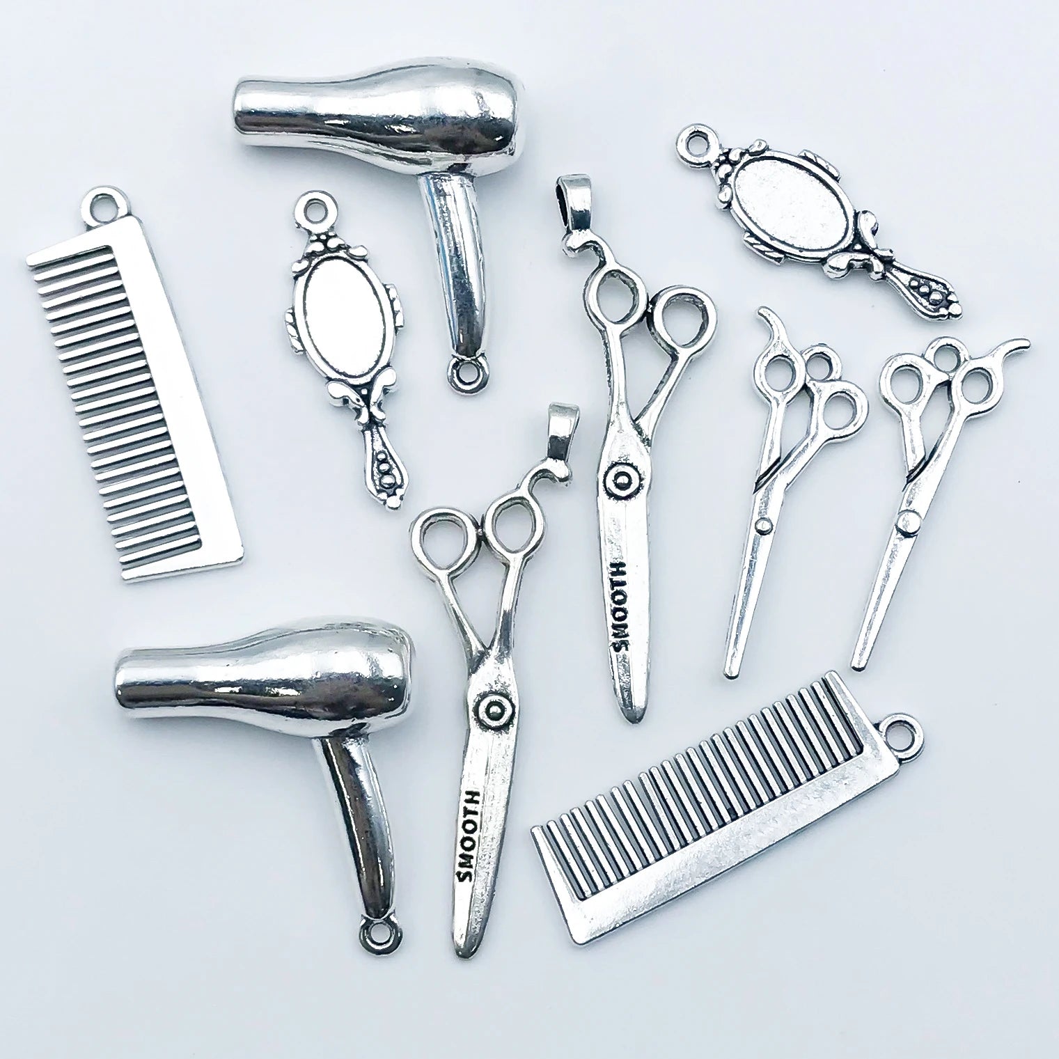 6/10Pcs Antique Silvery Barber Tool Charms Hairdrier Scissors Comb Makeup Mirror Shape Pendants For Jewelry Making Findings Craf