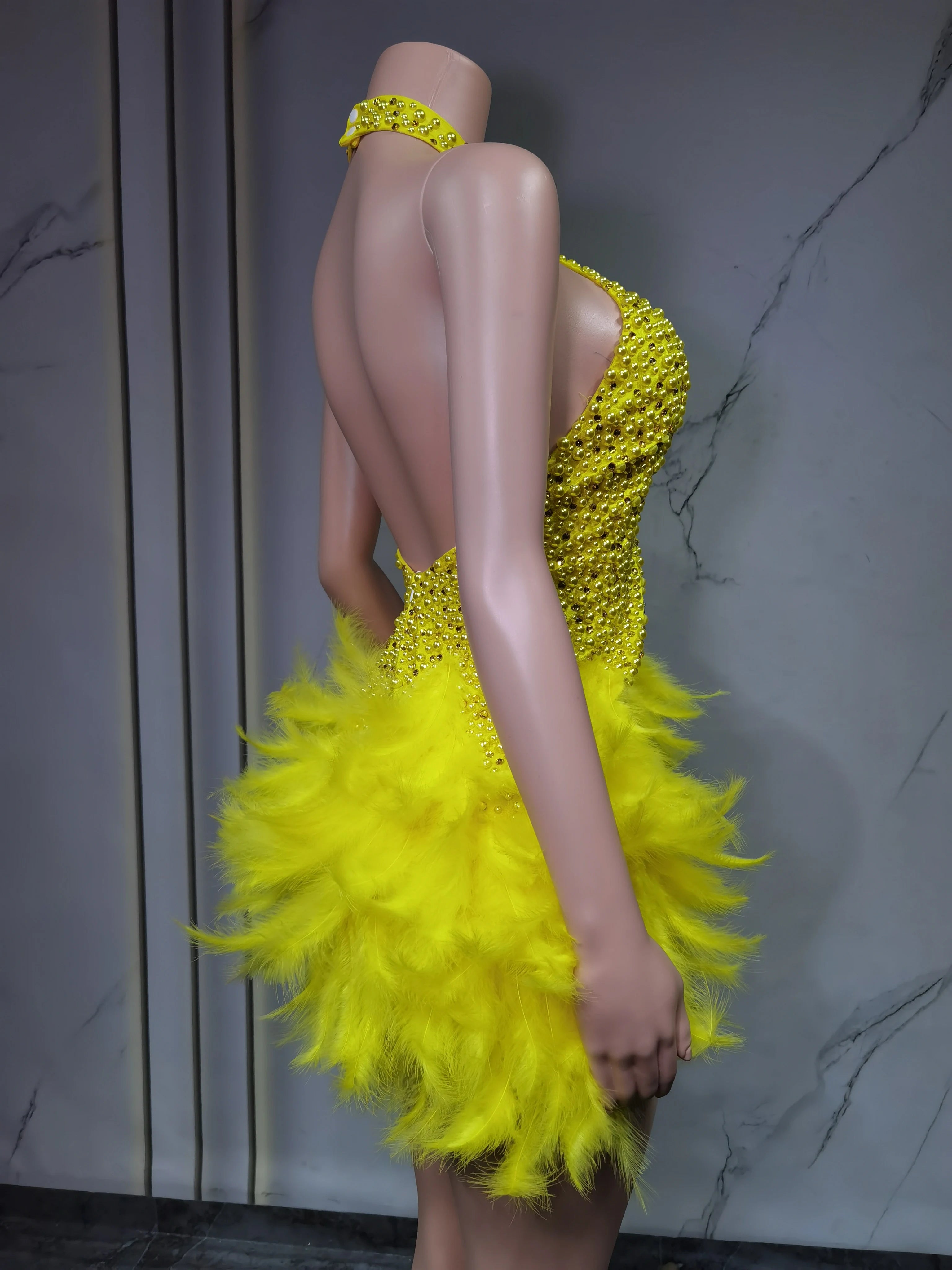 Fashion 2025new sexy Latin dance dress with airy hollow design, feather skirt hanging neck skirt