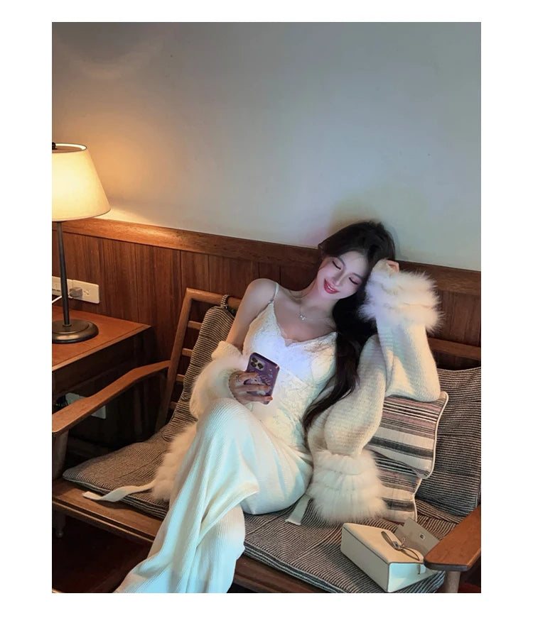 Fashionable Autumn Winter  Fur Knitted Open Cardigan Women's Mid-Length Waist-Cinching White Sweater High-Fashion Copy