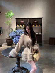 Fashionable Autumn Winter  Fur Knitted Open Cardigan Women's Mid-Length Waist-Cinching White Sweater High-Fashion Copy