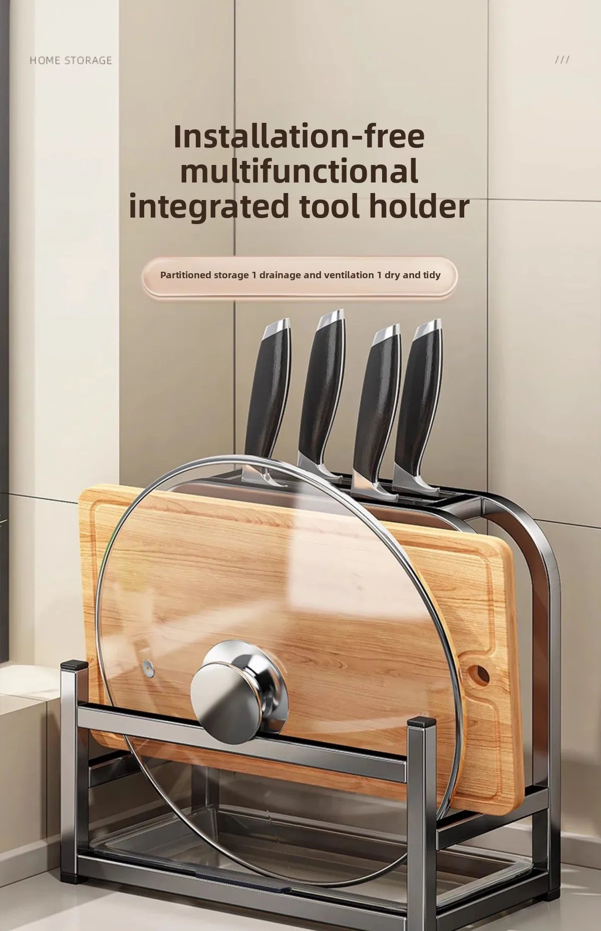 Kitchen knife holder, storage rack, multifunctional kitchen knife cutting board, pot cover integrated storage rack, countertop
