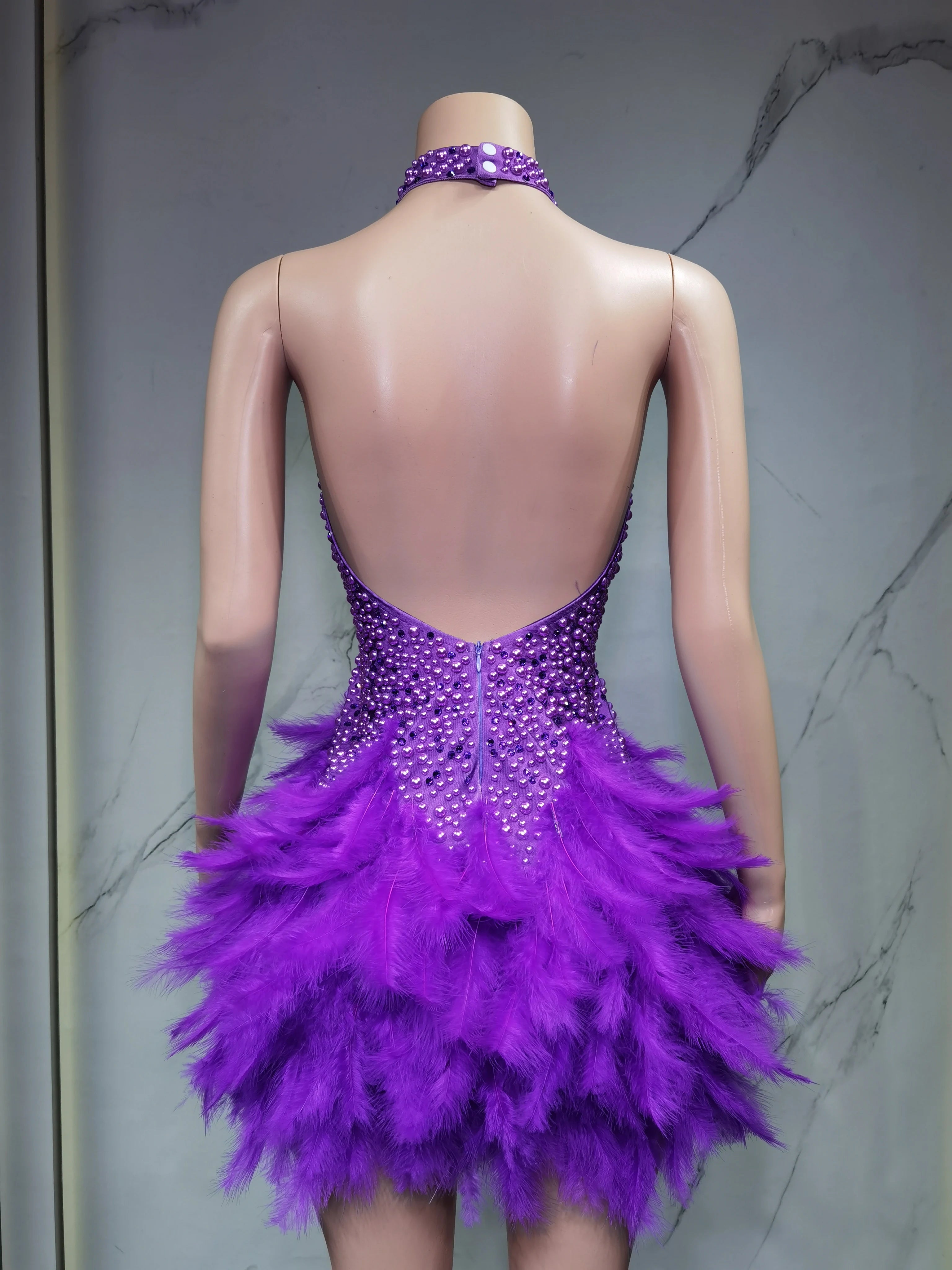 Fashion 2025new sexy Latin dance dress with airy hollow design, feather skirt hanging neck skirt