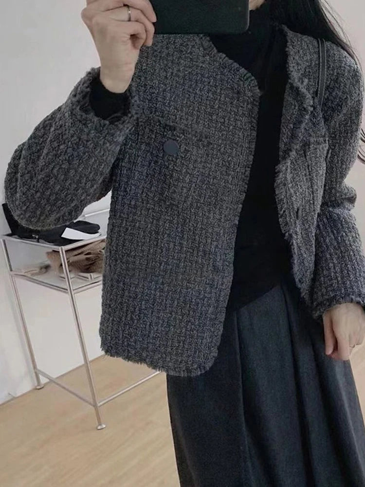 Fashionable Short Woolen Coat Women's Spring Autumn Loose Long Sleeve Tassel  Simple Style Outerwear Warm Pure Color