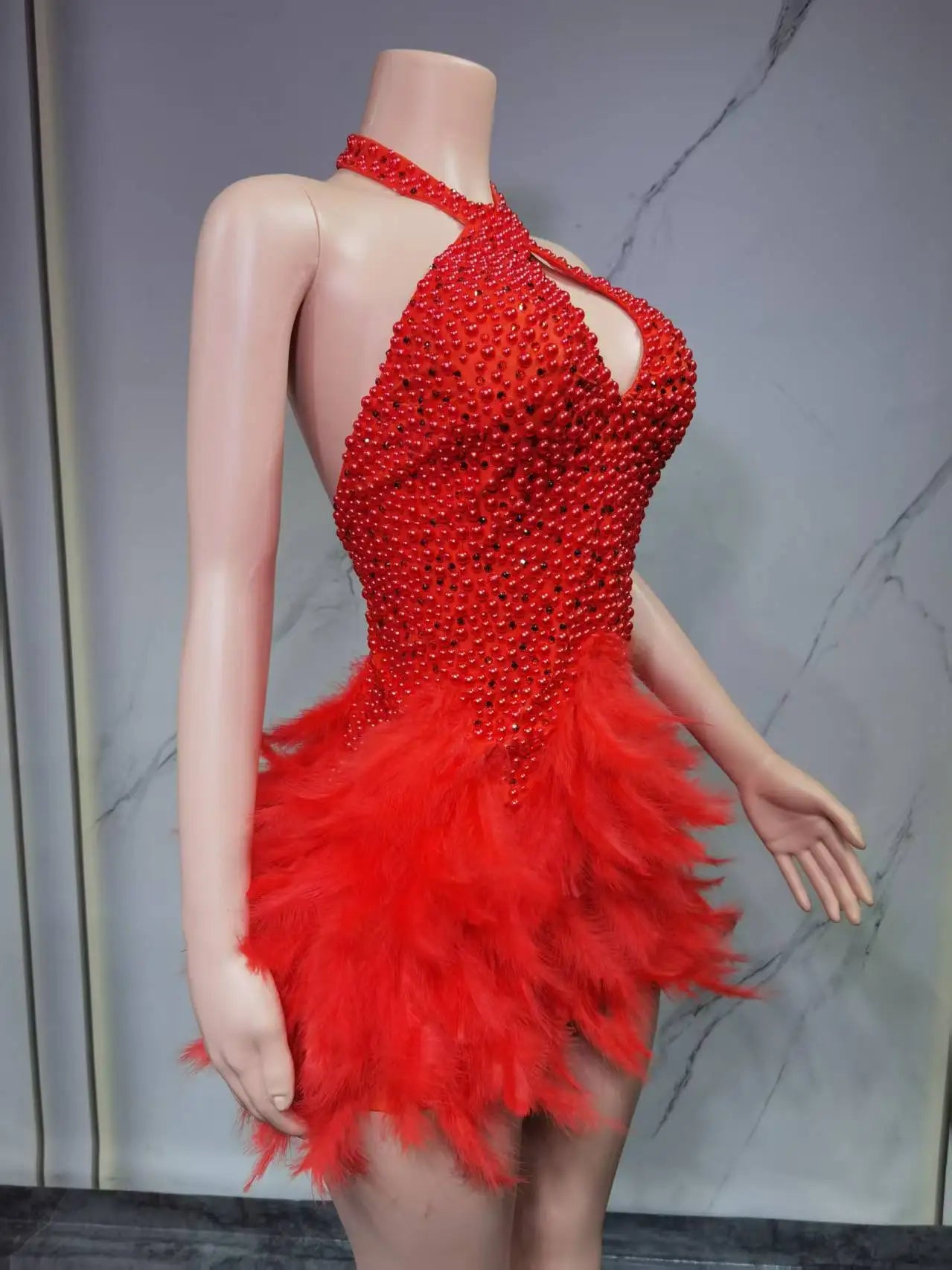 Fashion 2025new sexy Latin dance dress with airy hollow design, feather skirt hanging neck skirt