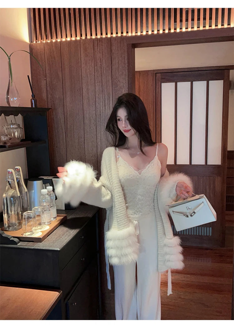 Fashionable Autumn Winter  Fur Knitted Open Cardigan Women's Mid-Length Waist-Cinching White Sweater High-Fashion Copy