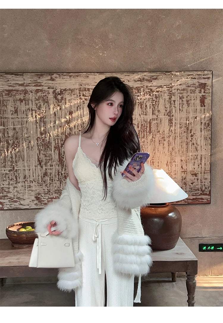 Fashionable Autumn Winter  Fur Knitted Open Cardigan Women's Mid-Length Waist-Cinching White Sweater High-Fashion Copy