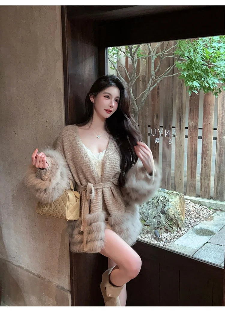 Fashionable Autumn Winter  Fur Knitted Open Cardigan Women's Mid-Length Waist-Cinching White Sweater High-Fashion Copy