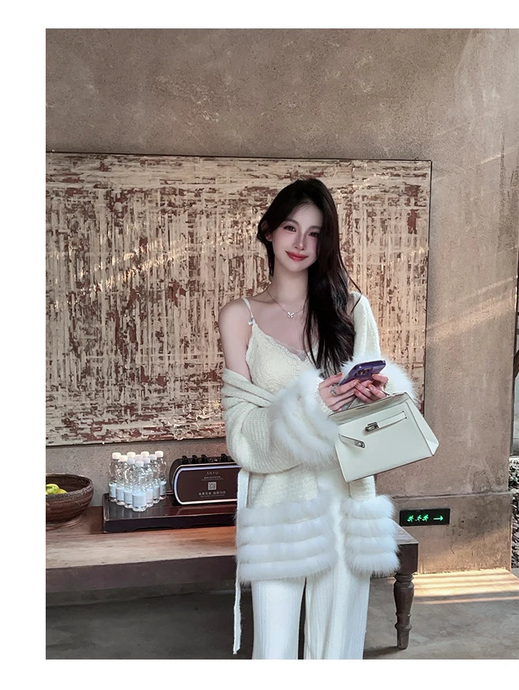 Fashionable Autumn Winter  Fur Knitted Open Cardigan Women's Mid-Length Waist-Cinching White Sweater High-Fashion Copy