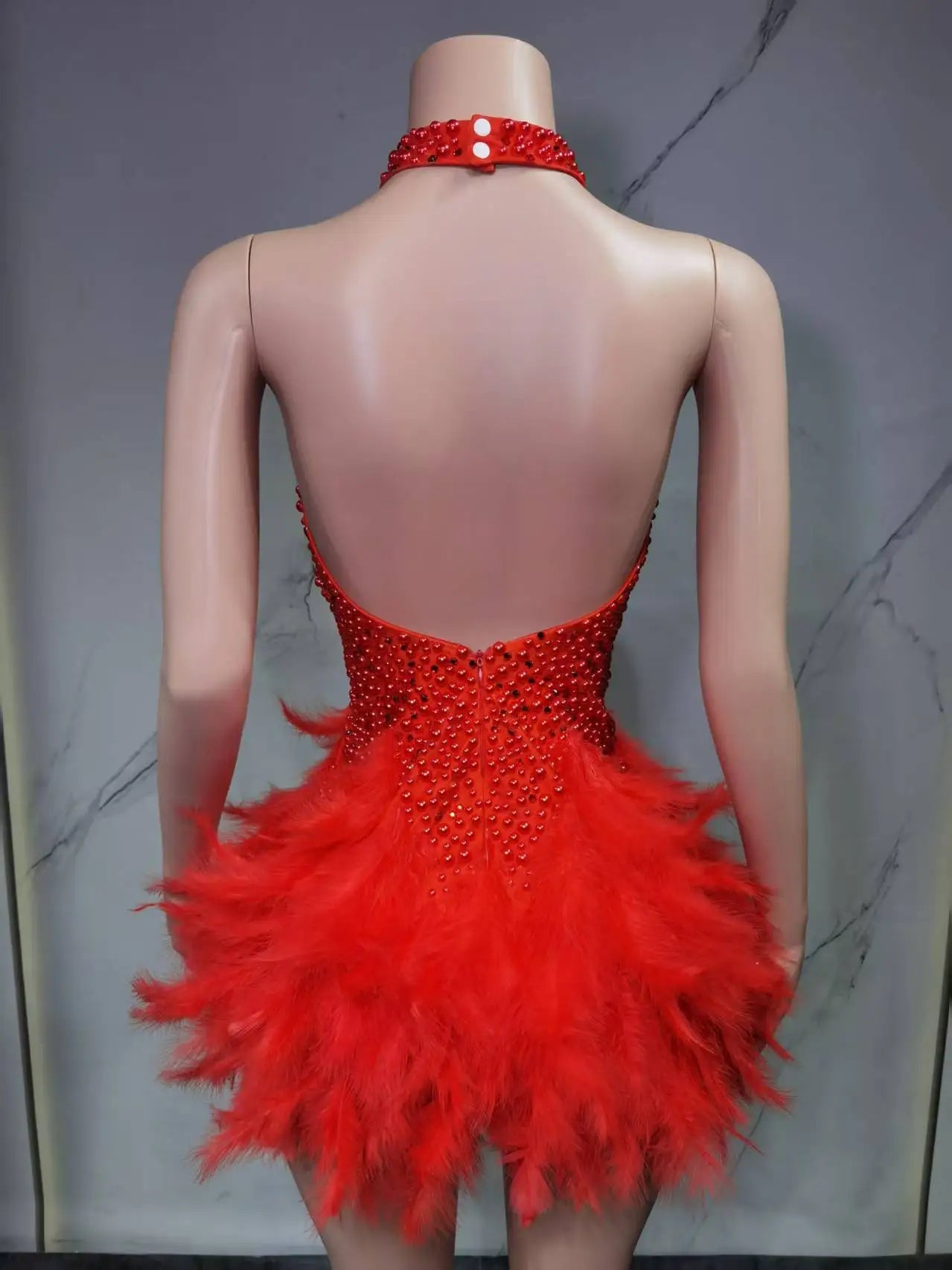 Fashion 2025new sexy Latin dance dress with airy hollow design, feather skirt hanging neck skirt