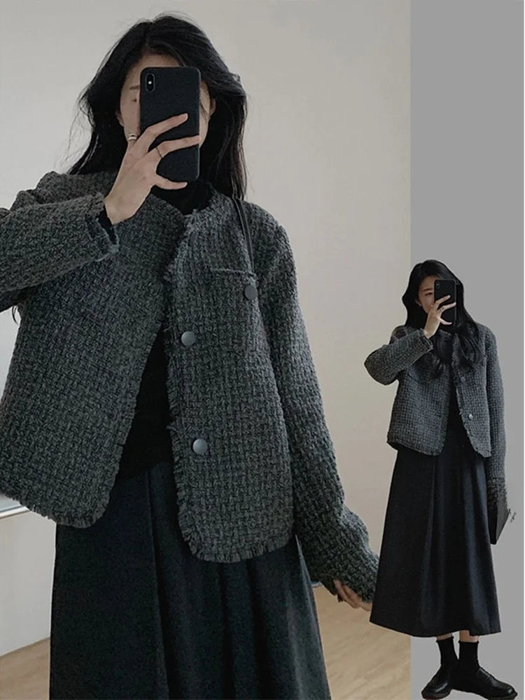 Fashionable Short Woolen Coat Women's Spring Autumn Loose Long Sleeve Tassel  Simple Style Outerwear Warm Pure Color