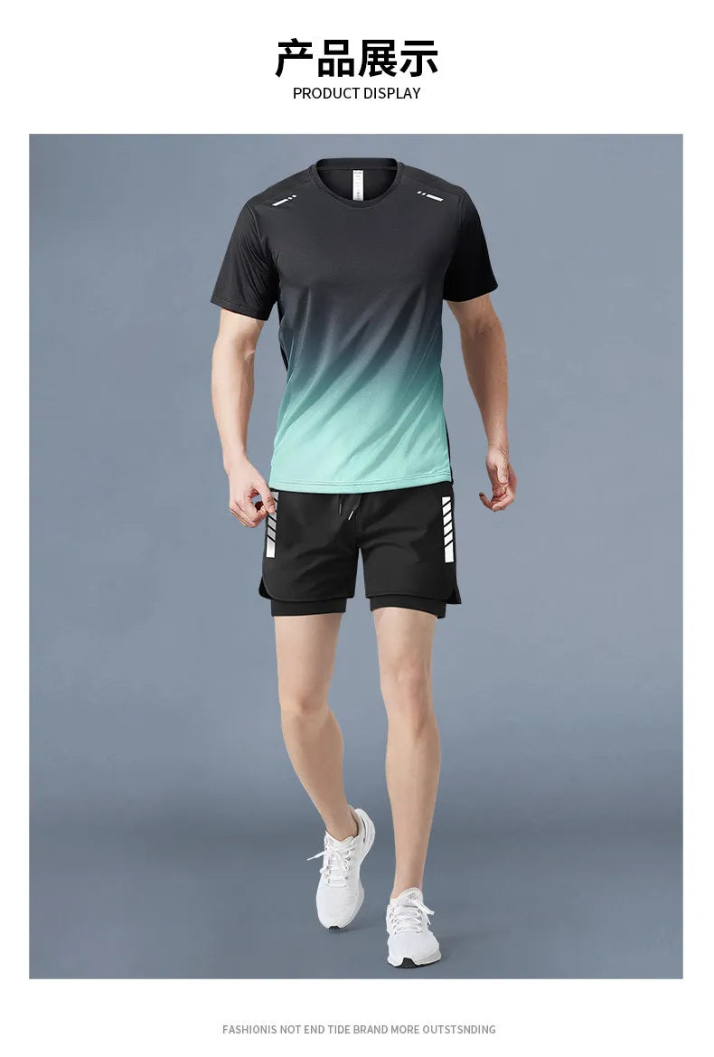 Fitness clothes - Men's running sports suit - Quick-drying ice silk - Summer new style short-sleeved shorts - Training suit