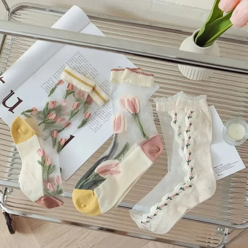 Fashion Sock for Women Summer   Breathable Trendy Casual Women's Socks Cute Fashion Korean Style Transparent Lace Sweet