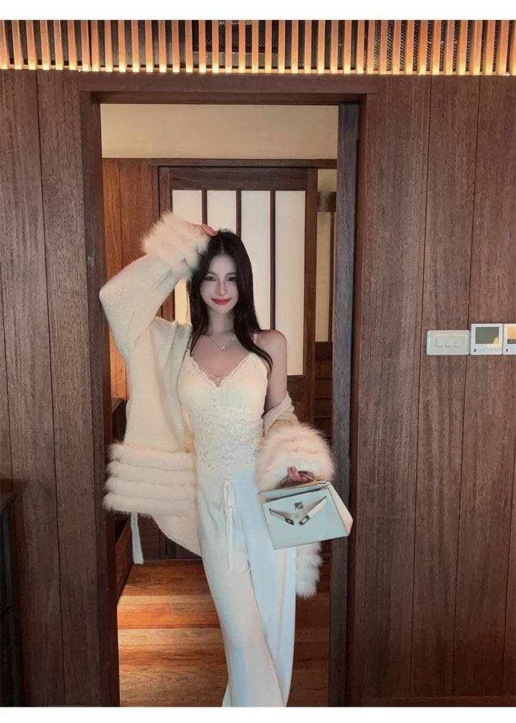 Fashionable Autumn Winter  Fur Knitted Open Cardigan Women's Mid-Length Waist-Cinching White Sweater High-Fashion Copy