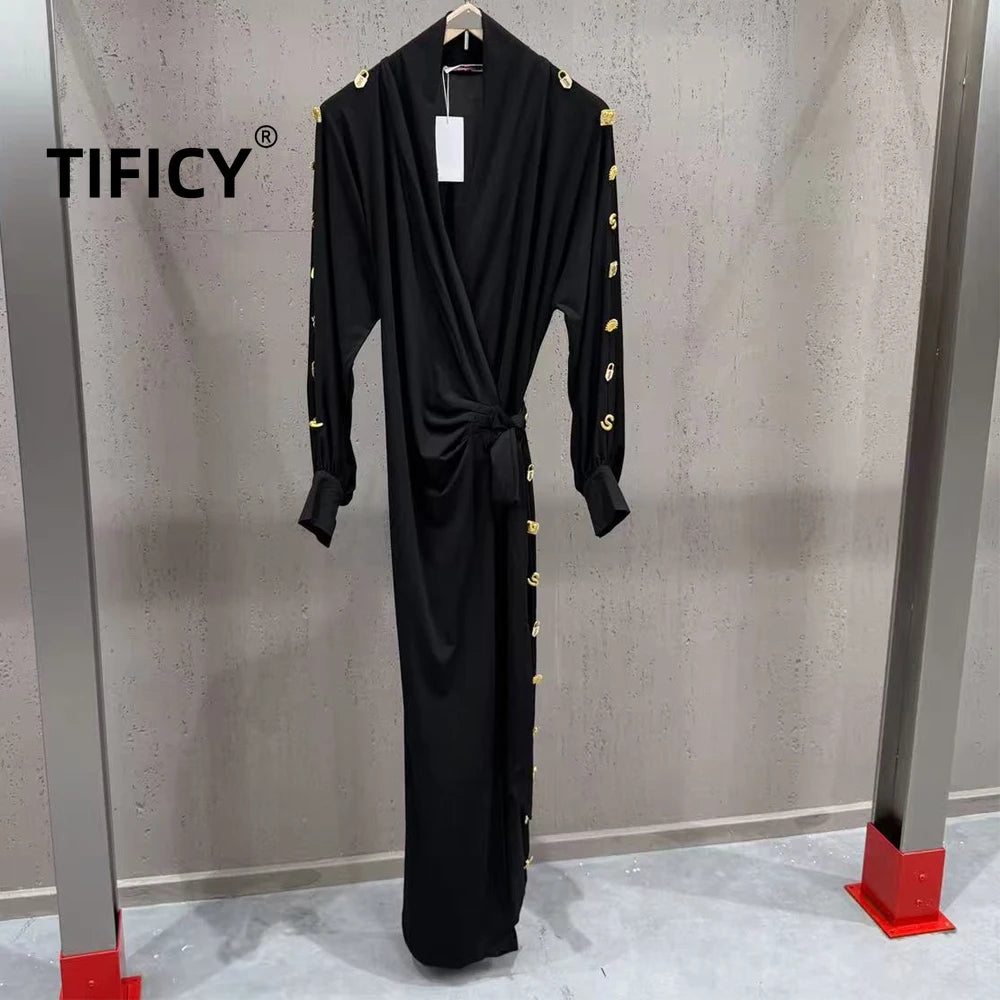 High Street Fashion Heavy Industry Metal DressWomen's New Style Lace Up Waist Elegant Temperament Long Dress