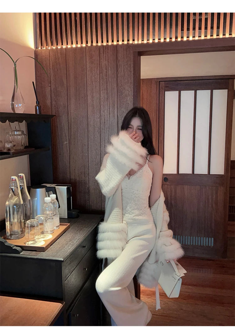 Fashionable Autumn Winter  Fur Knitted Open Cardigan Women's Mid-Length Waist-Cinching White Sweater High-Fashion Copy