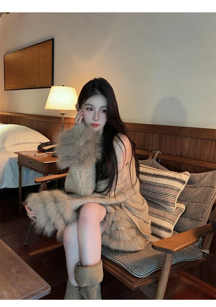 Fashionable Autumn Winter  Fur Knitted Open Cardigan Women's Mid-Length Waist-Cinching White Sweater High-Fashion Copy