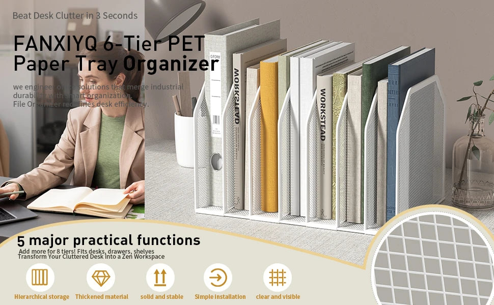 File Organizer–Beautiful&Practical Desktop Document Holder,Space-Saving Rounded Corners,Dense Grid,Before/After Office Storage