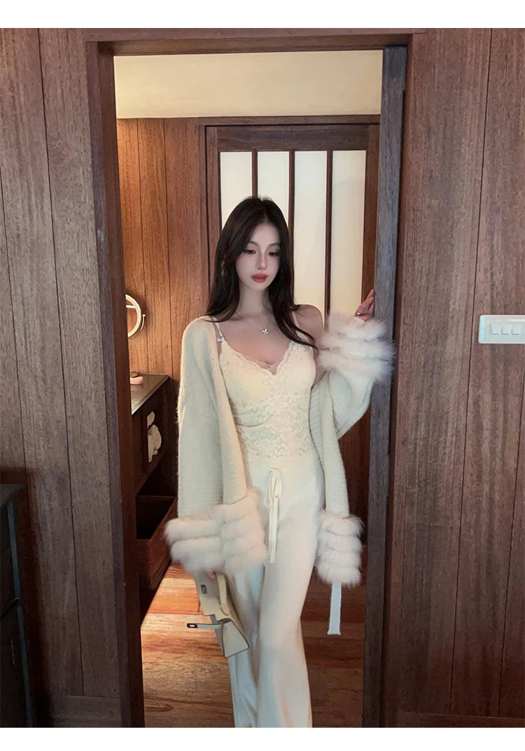 Fashionable Autumn Winter  Fur Knitted Open Cardigan Women's Mid-Length Waist-Cinching White Sweater High-Fashion Copy