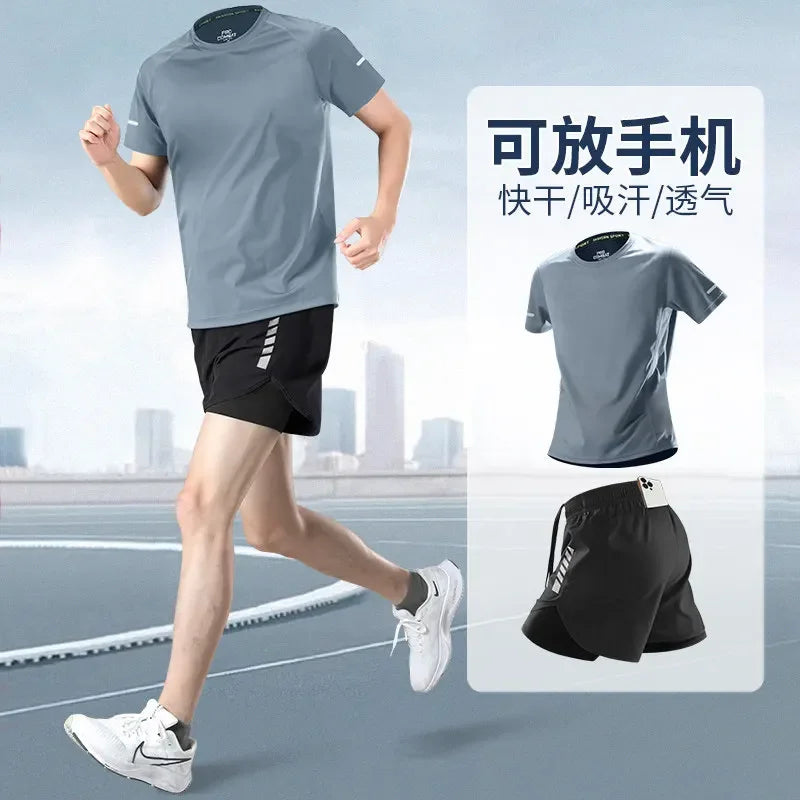 Fitness clothes - Men's sports suit, summer short-sleeved T-shirt, marathon professional training running shorts