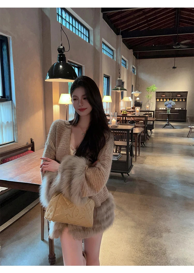 Fashionable Autumn Winter  Fur Knitted Open Cardigan Women's Mid-Length Waist-Cinching White Sweater High-Fashion Copy