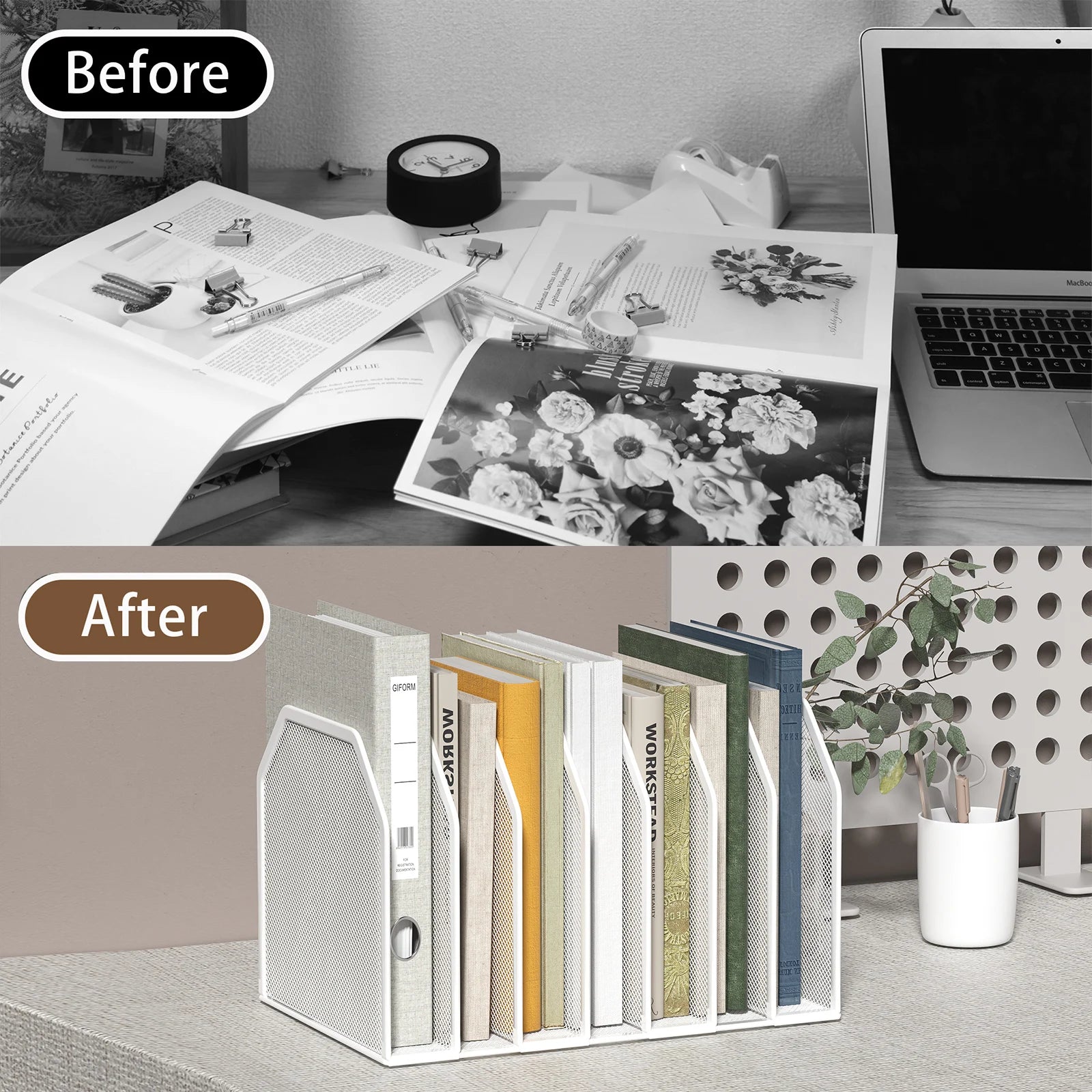 File Organizer–Beautiful&Practical Desktop Document Holder,Space-Saving Rounded Corners,Dense Grid,Before/After Office Storage