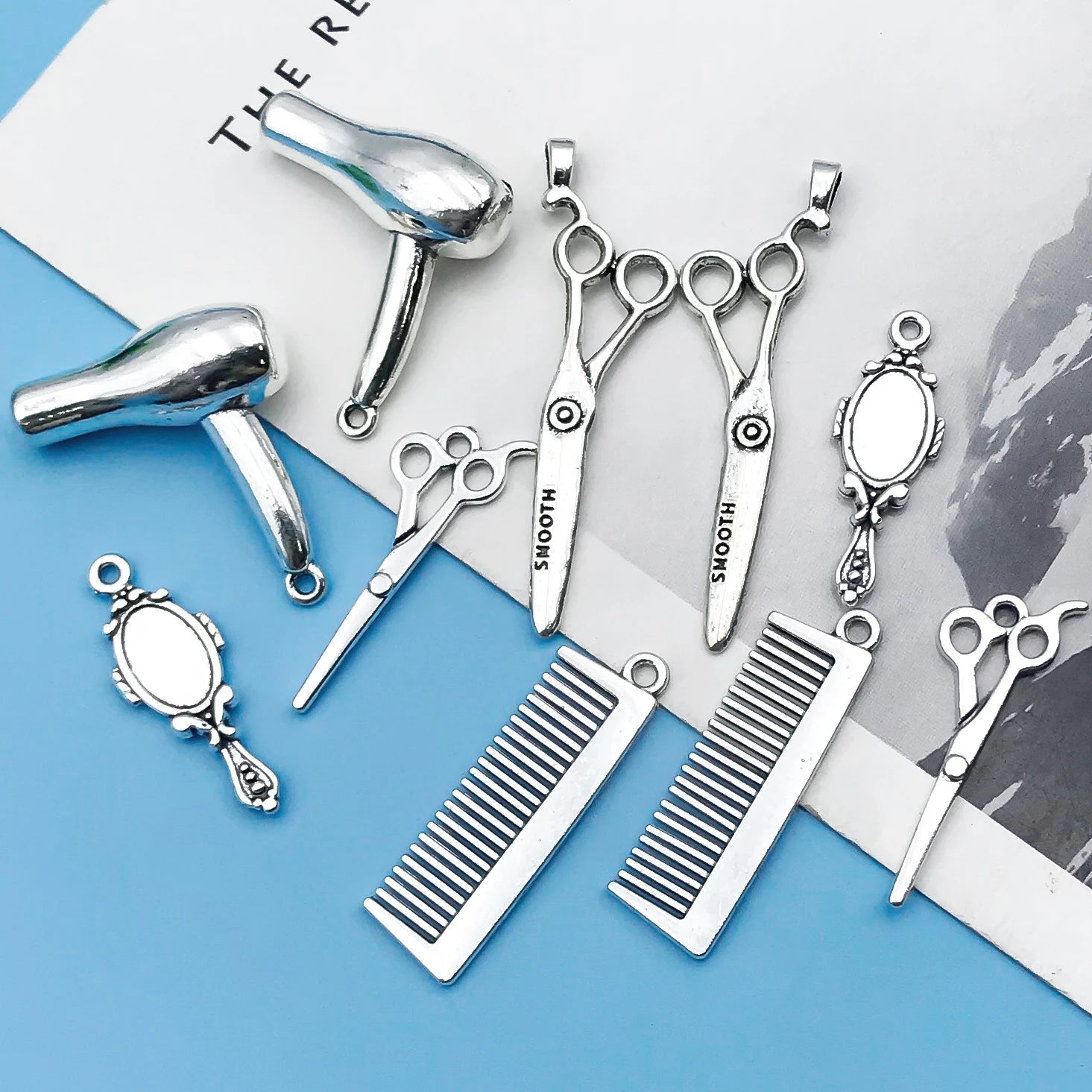 6/10Pcs Antique Silvery Barber Tool Charms Hairdrier Scissors Comb Makeup Mirror Shape Pendants For Jewelry Making Findings Craf