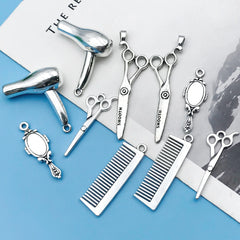 6/10Pcs Antique Silvery Barber Tool Charms Hairdrier Scissors Comb Makeup Mirror Shape Pendants For Jewelry Making Findings Craf