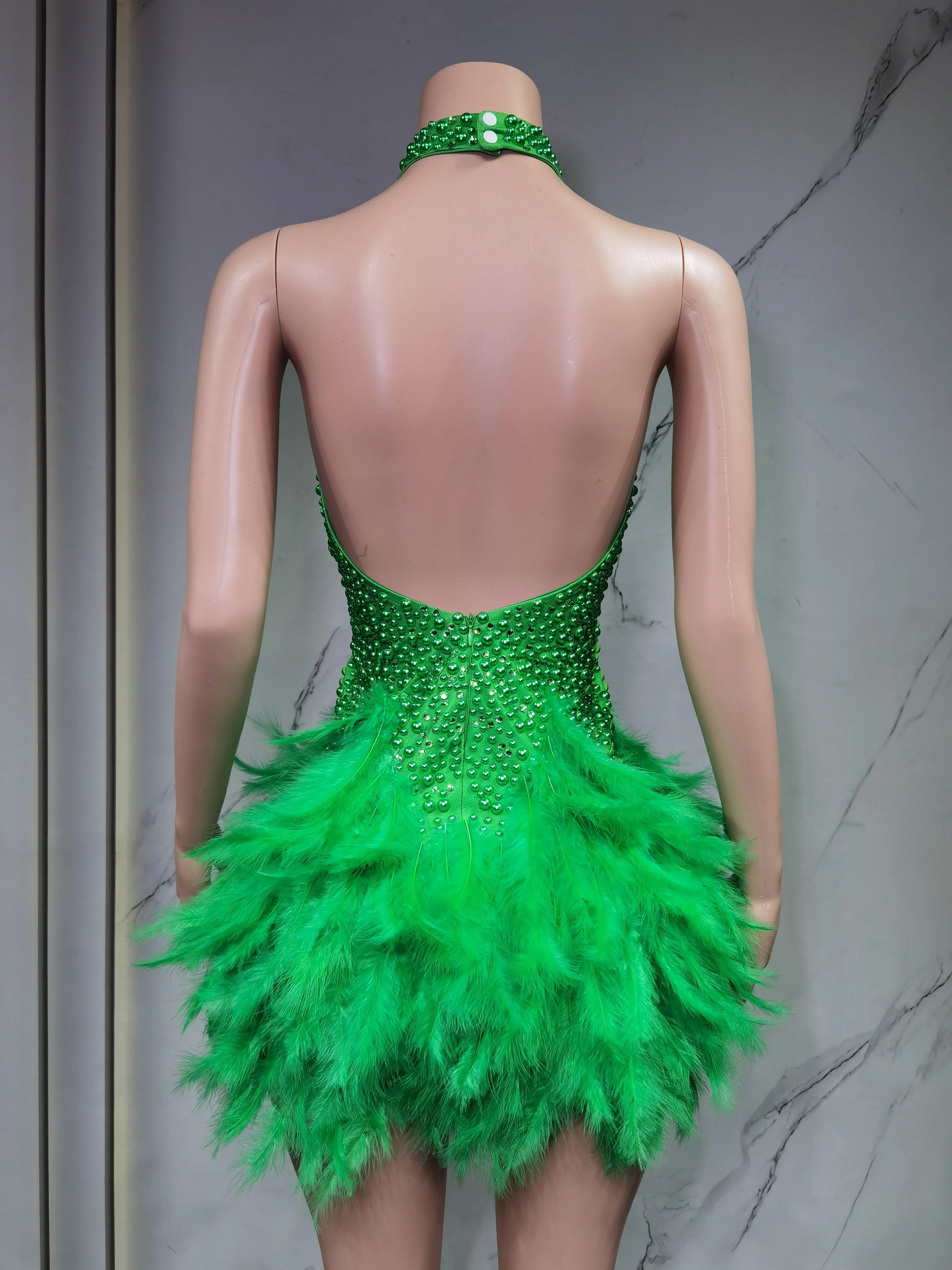 Fashion 2025new sexy Latin dance dress with airy hollow design, feather skirt hanging neck skirt