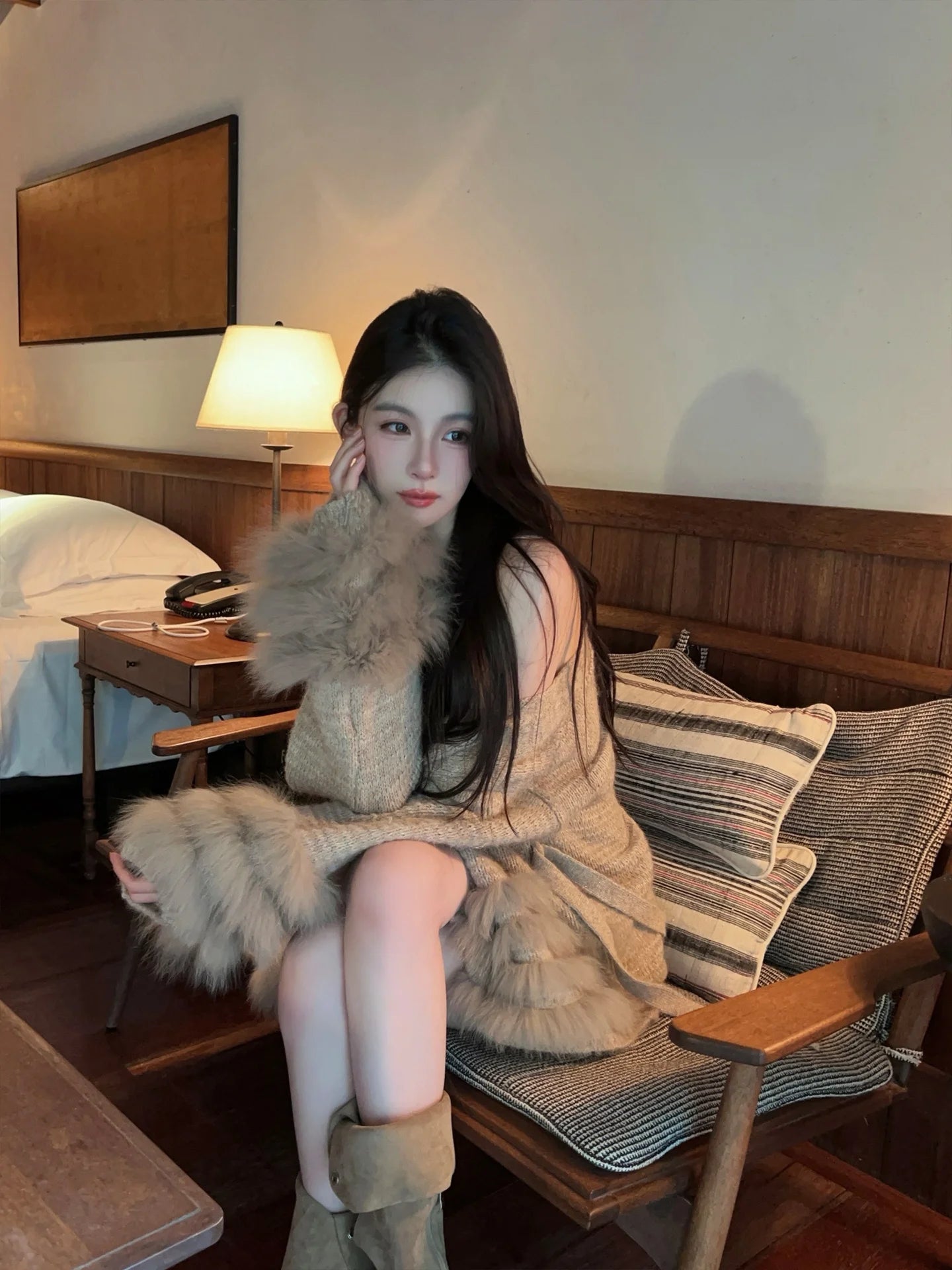 Fashionable Autumn Winter  Fur Knitted Open Cardigan Women's Mid-Length Waist-Cinching White Sweater High-Fashion Copy