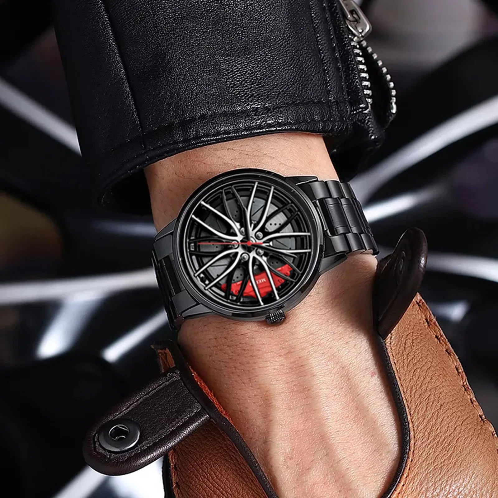 Car Watches For Men Waterproof Stainless Steel Quartz Wrist Watch Sports Men's Watches With Car Wheel Rim Hub Design